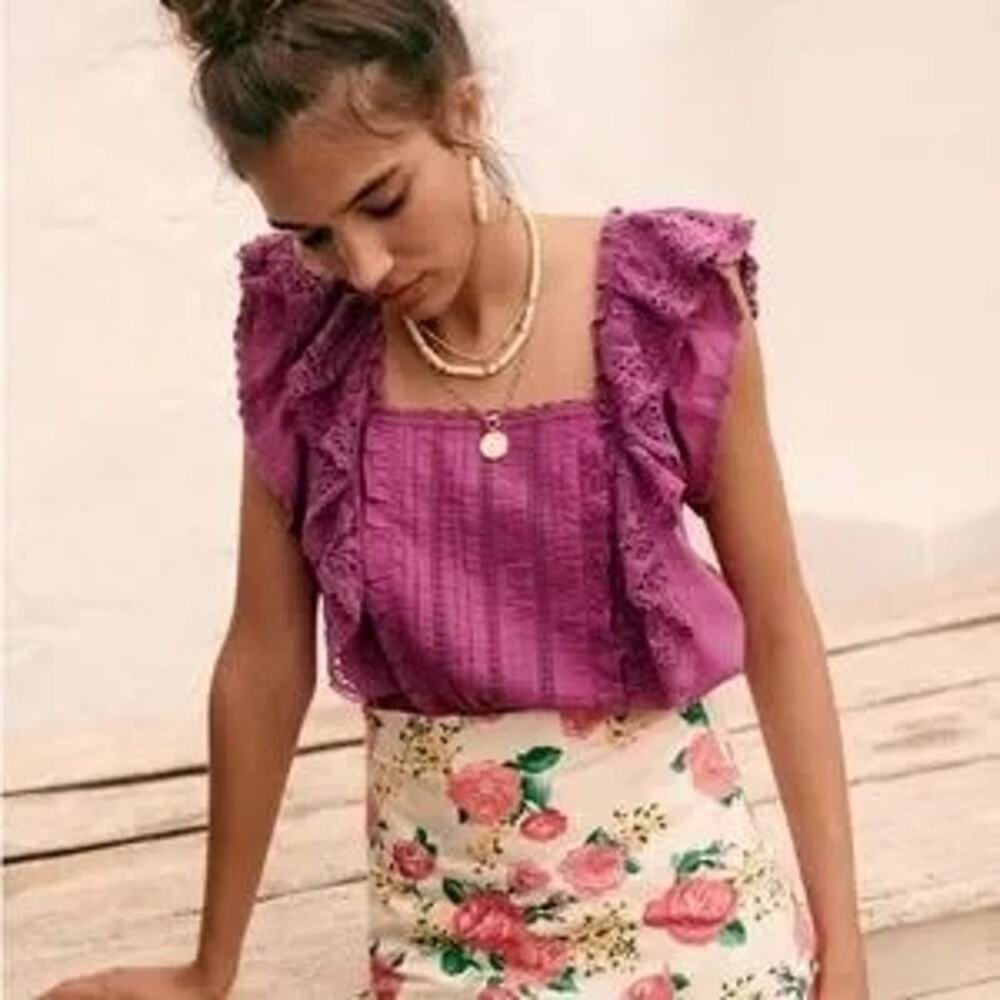 Sezane Magenta Lace Ruffle Square-Neck Blouse